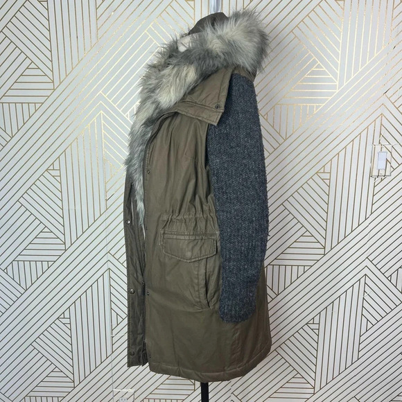 Vera Wang Faux Fur Trim Mixed Media Anorak Coat Green Khaki Size Small - Picture 9 of 12